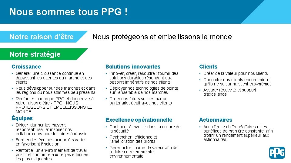 Nous sommes tous PPG ! Notre raison d’être Nous protégeons et embellissons le monde