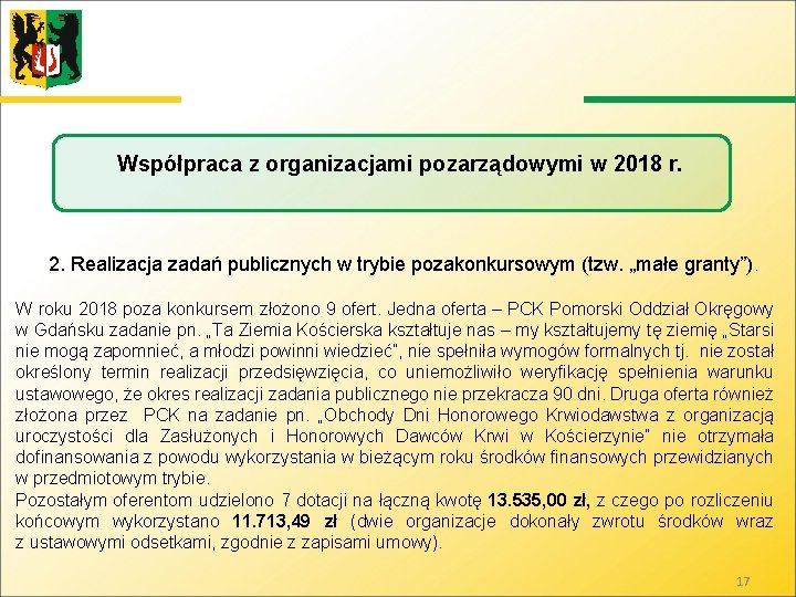 Współpraca z organizacjami pozarządowymi w 2018 r. 2. Realizacja zadań publicznych w trybie pozakonkursowym