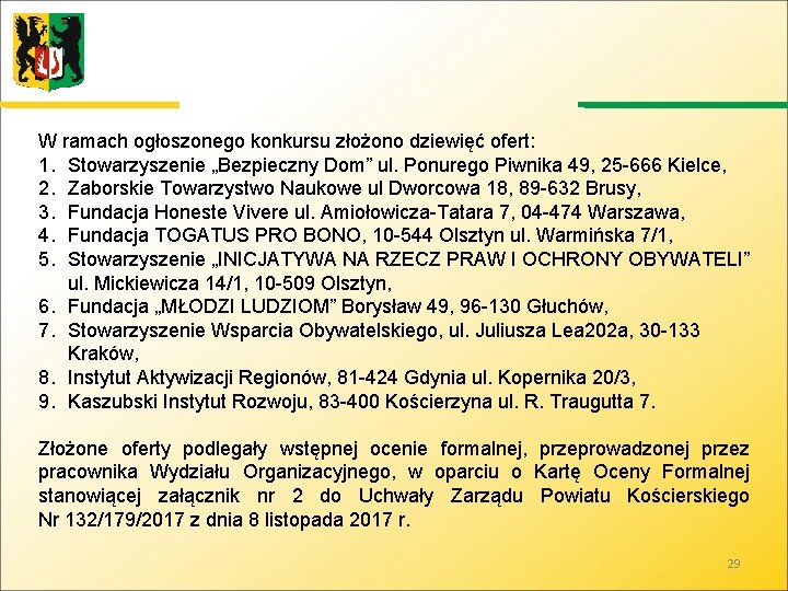 W ramach ogłoszonego konkursu złożono dziewięć ofert: 1. Stowarzyszenie „Bezpieczny Dom” ul. Ponurego Piwnika