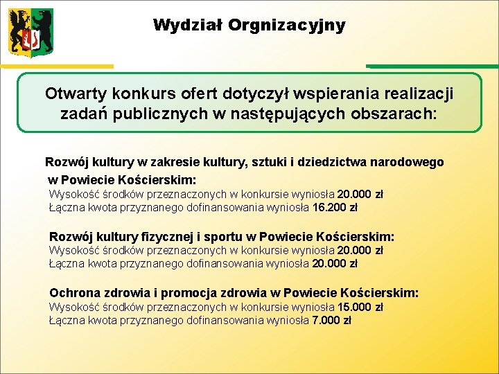 Wydział Orgnizacyjny Otwarty konkurs ofert dotyczył wspierania realizacji zadań publicznych w następujących obszarach: Rozwój