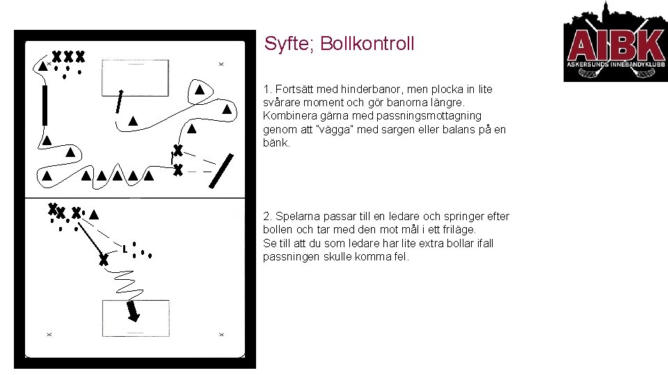 Syfte; Bollkontroll 1. Fortsätt med hinderbanor, men plocka in lite svårare moment och gör