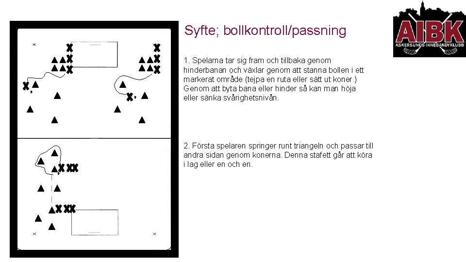 Syfte; bollkontroll/passning 1. Spelarna tar sig fram och tillbaka genom hinderbanan och växlar genom