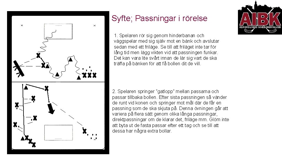 Syfte; Passningar i rörelse 1. Spelaren rör sig genom hinderbanan och väggspelar med sig