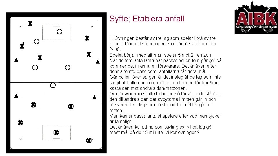 Syfte; Etablera anfall 1. Övningen består av tre lag som spelar i två av