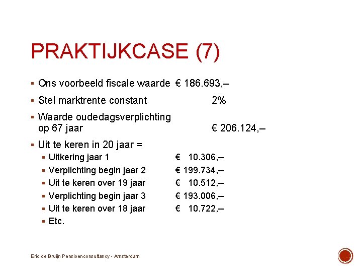 PRAKTIJKCASE (7) § Ons voorbeeld fiscale waarde € 186. 693, -§ Stel marktrente constant