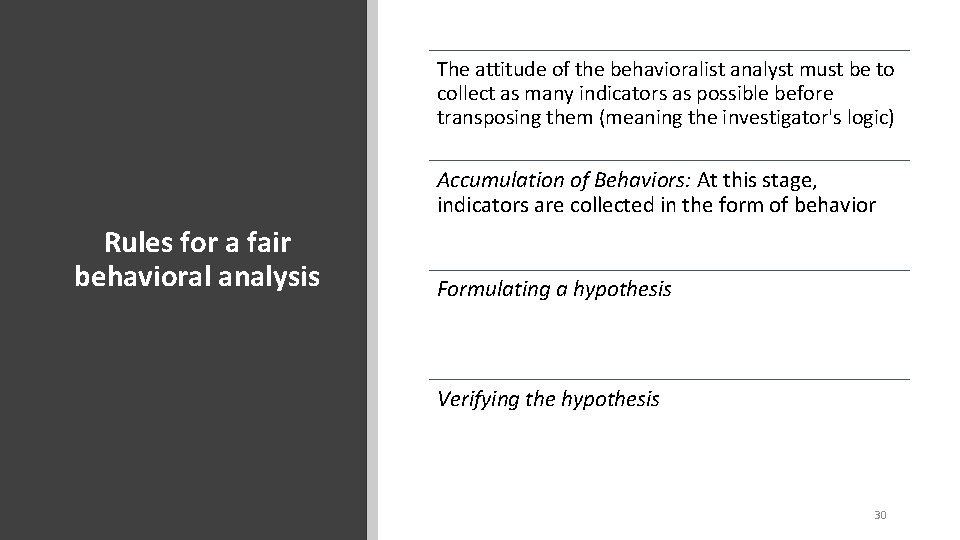 The attitude of the behavioralist analyst must be to collect as many indicators as