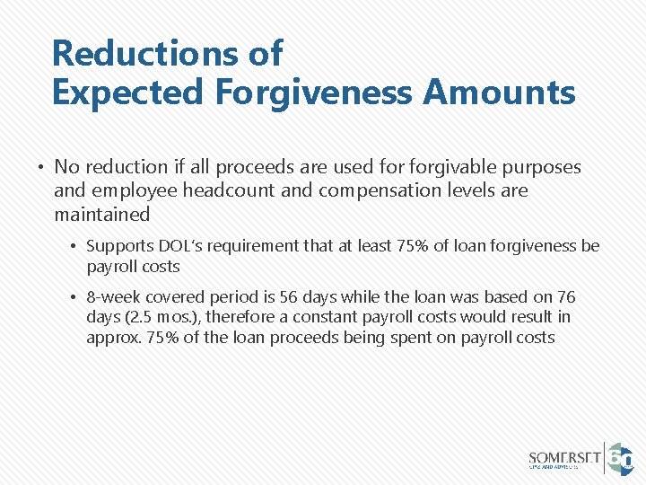 Reductions of Expected Forgiveness Amounts • No reduction if all proceeds are used forgivable