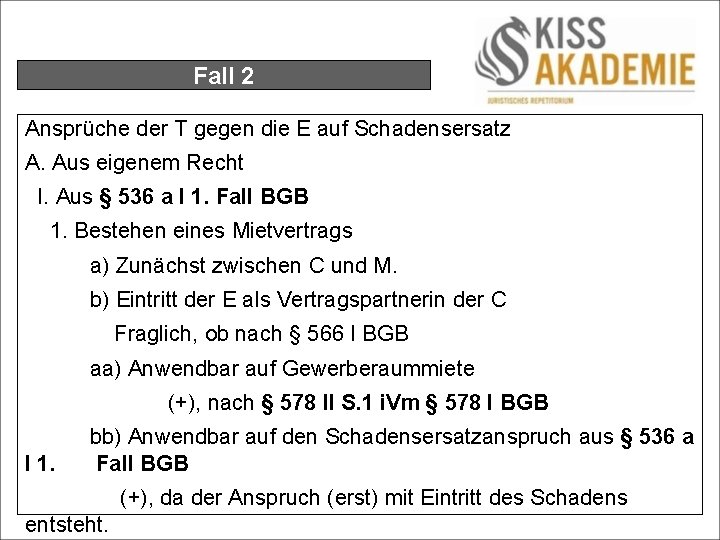 Fall 2 Ansprüche der T gegen die E auf Schadensersatz A. Aus eigenem Recht