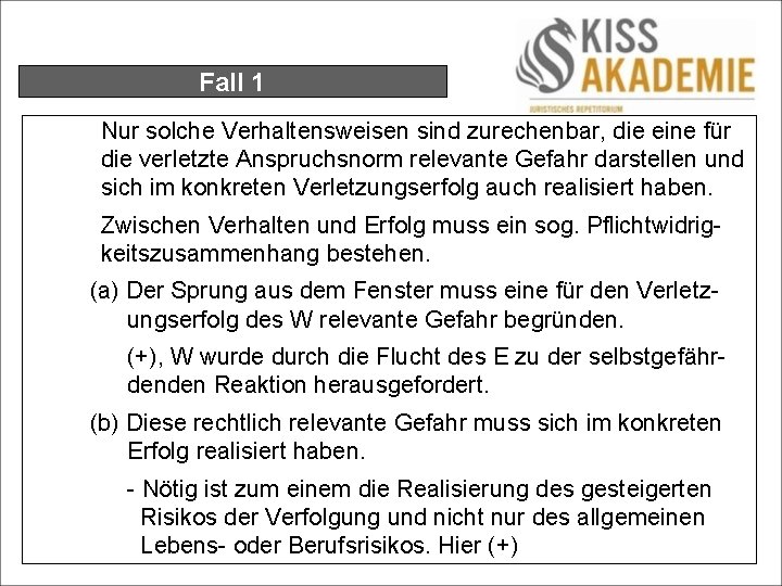 Fall 1 Nur solche Verhaltensweisen sind zurechenbar, die eine für die verletzte Anspruchsnorm relevante