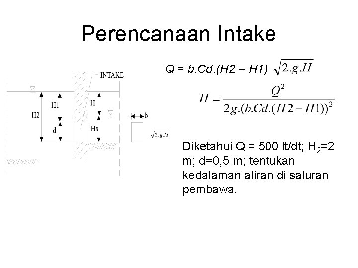 Perencanaan Intake Q = b. Cd. (H 2 – H 1) Diketahui Q =