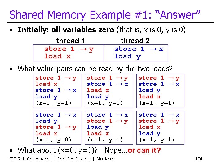 Shared Memory Example #1: “Answer” • Initially: all variables zero (that is, x is