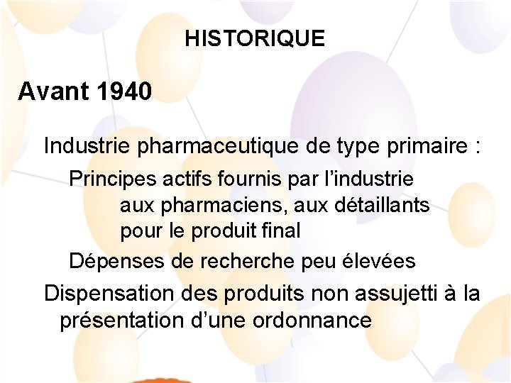 HISTORIQUE Avant 1940 Industrie pharmaceutique de type primaire : Principes actifs fournis par l’industrie