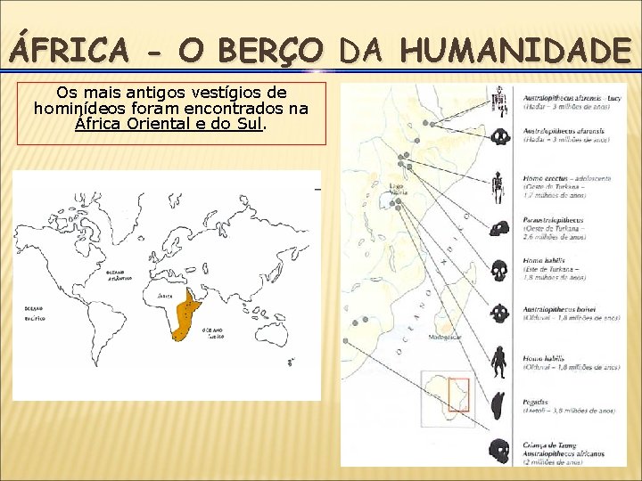 ÁFRICA - O BERÇO DA HUMANIDADE Os mais antigos vestígios de hominídeos foram encontrados