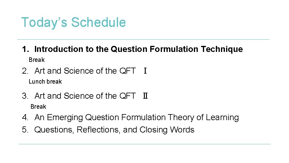 Today’s Schedule 1. Introduction to the Question Formulation Technique Break 2. Art and Science