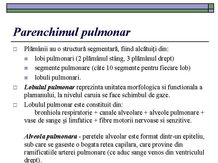 Parenchimul pulmonar o o o Plămânii au o structură segmentară, fiind alcătuiţi din: n