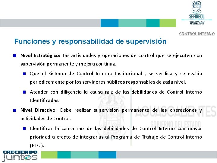 CONTROL INTERNO Funciones y responsabilidad de supervisión Nivel Estratégico: Las actividades y operaciones de