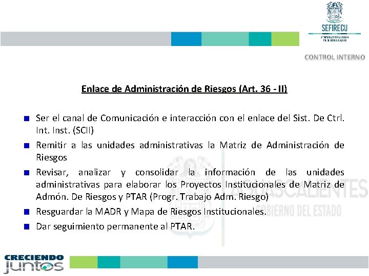 CONTROL INTERNO Enlace de Administración de Riesgos (Art. 36 - II) Ser el canal