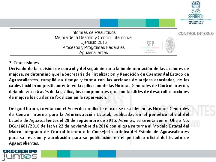 Informes de Resultados Mejora de la Gestión y Control Interno del Ejercicio 2016 Procesos