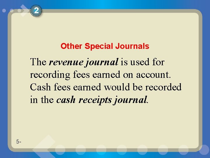 2 Other Special Journals The revenue journal is used for recording fees earned on