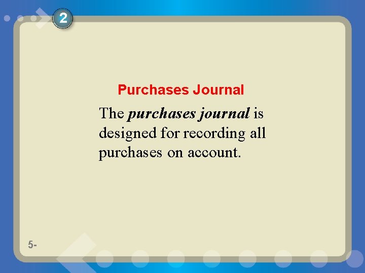 2 Purchases Journal The purchases journal is designed for recording all purchases on account.
