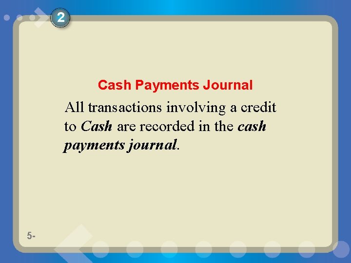 2 Cash Payments Journal All transactions involving a credit to Cash are recorded in