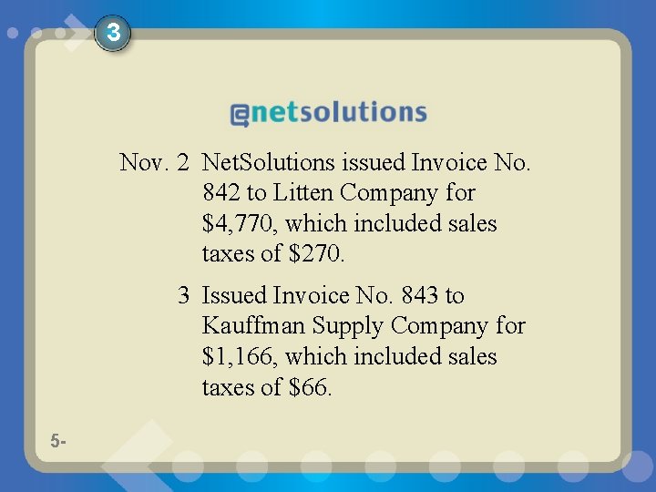 3 Nov. 2 Net. Solutions issued Invoice No. 842 to Litten Company for $4,