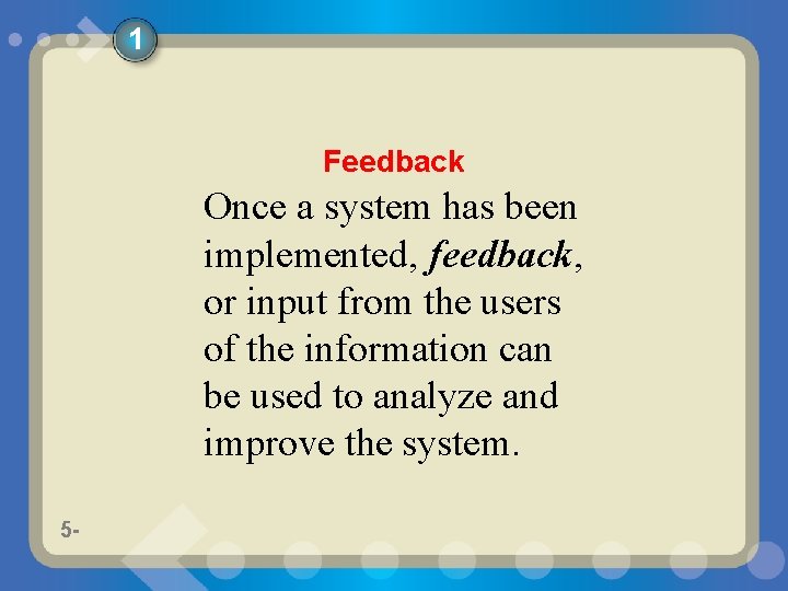 1 Feedback Once a system has been implemented, feedback, or input from the users