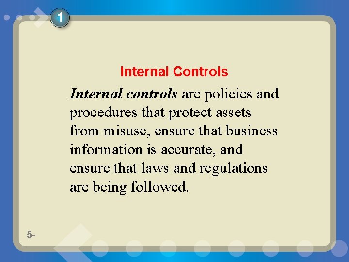 1 Internal Controls Internal controls are policies and procedures that protect assets from misuse,