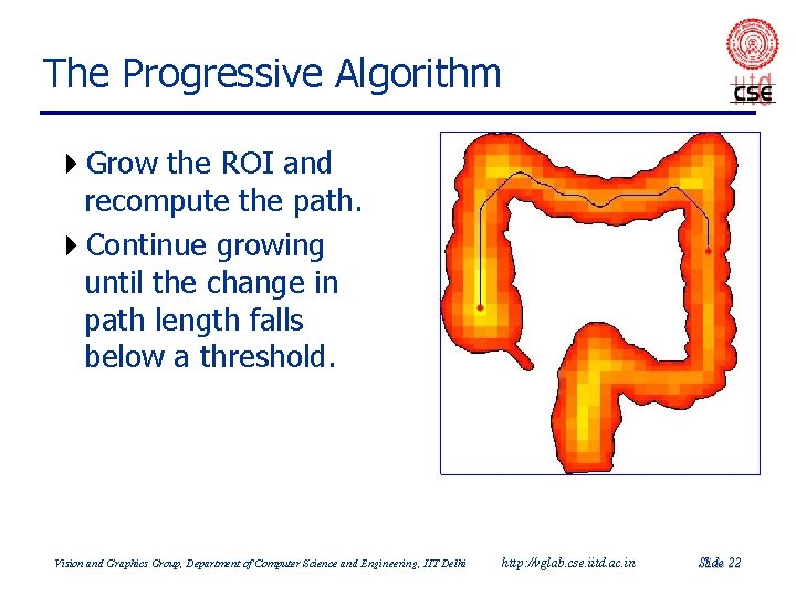 The Progressive Algorithm 4 Grow the ROI and recompute the path. 4 Continue growing The Progressive Algorithm 4 Grow the ROI and recompute the path. 4 Continue growing