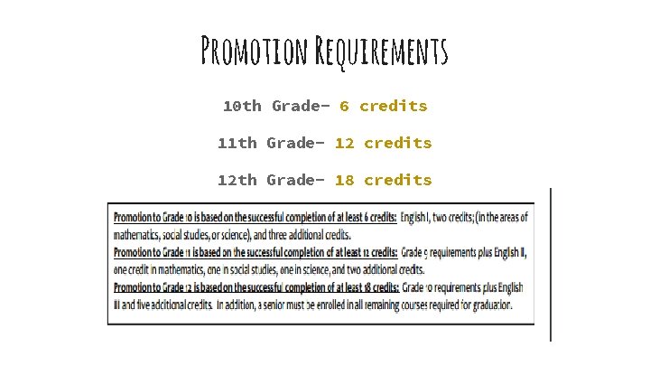 Promotion Requirements 10 th Grade- 6 credits 11 th Grade- 12 credits 12 th