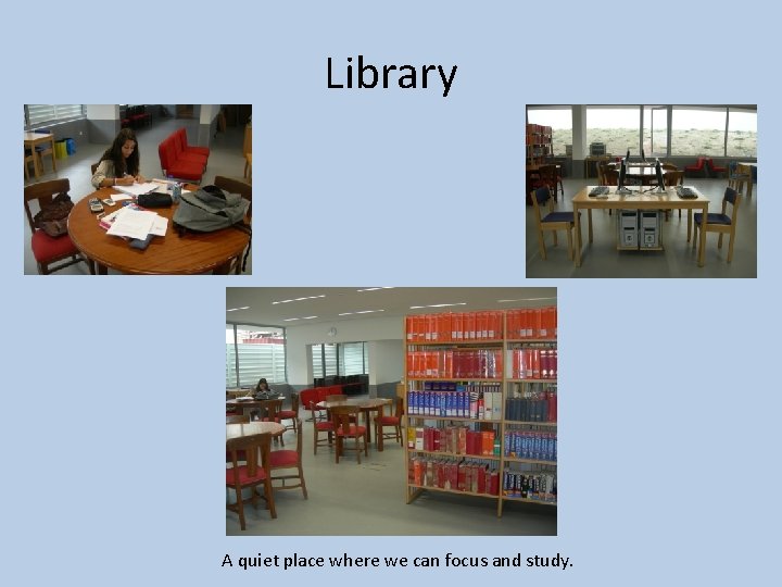 Library A quiet place where we can focus and study. 