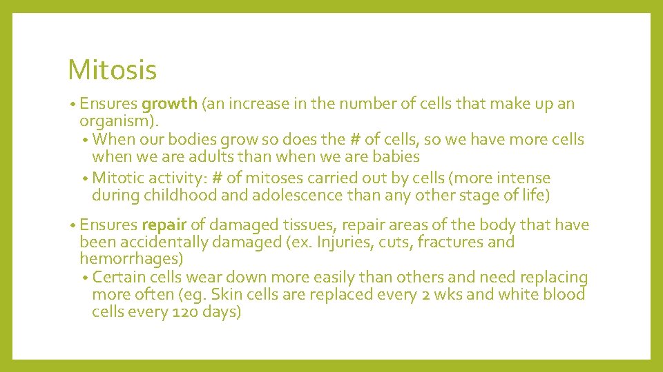Mitosis • Ensures growth (an increase in the number of cells that make up