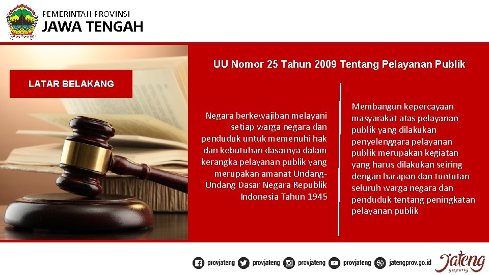 PEMERINTAH PROVINSI JAWA TENGAH UU Nomor 25 Tahun 2009 Tentang Pelayanan Publik LATAR BELAKANG