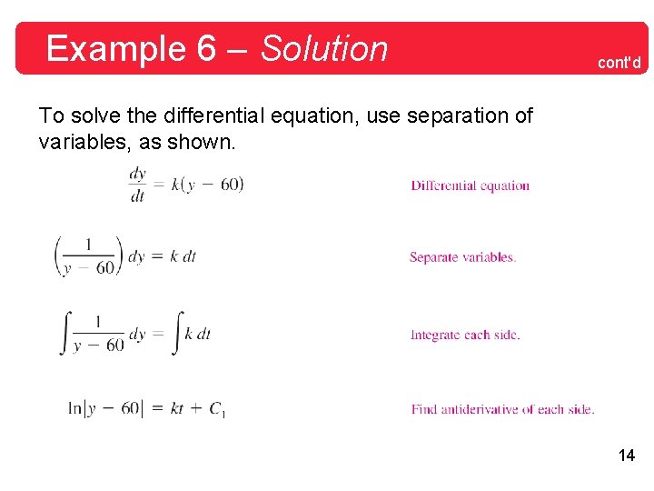 Example 6 – Solution cont'd To solve the differential equation, use separation of variables,