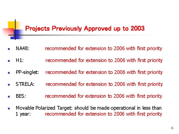 Projects Previously Approved up to 2003 n NA 48: recommended for extension to 2006