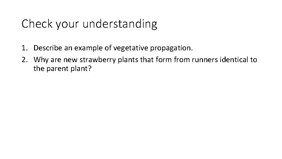 Check your understanding 1. Describe an example of vegetative propagation. 2. Why are new