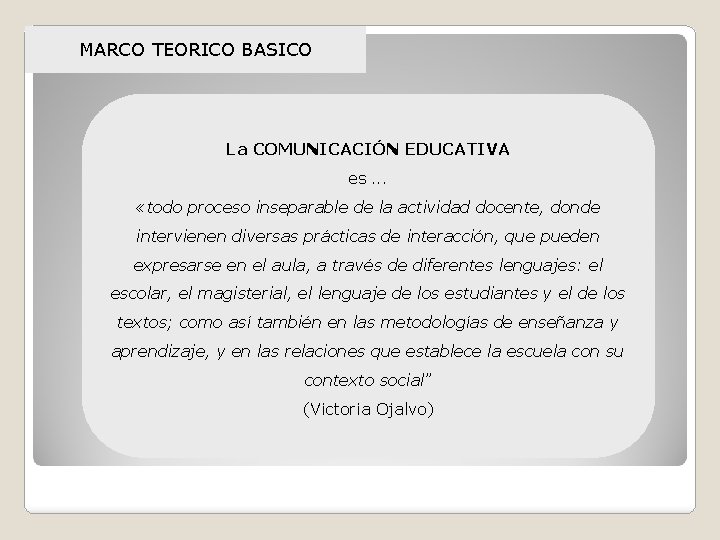 MARCO TEORICO BASICO La COMUNICACIÓN EDUCATIVA es. . . «todo proceso inseparable de la