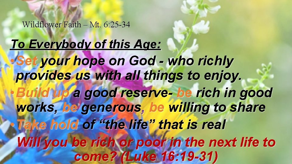 Wildflower Faith – Mt. 6: 25 -34 To Everybody of this Age: • Set