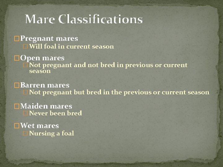 Mare Classifications �Pregnant mares � Will foal in current season �Open mares � Not