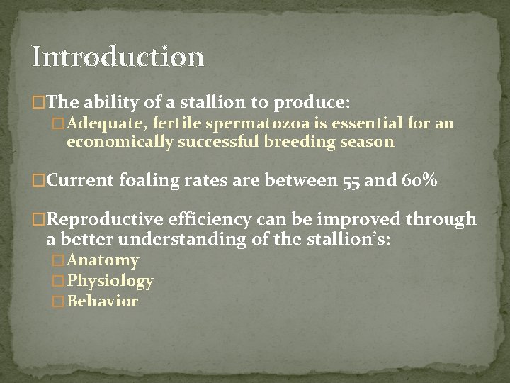 Introduction �The ability of a stallion to produce: � Adequate, fertile spermatozoa is essential