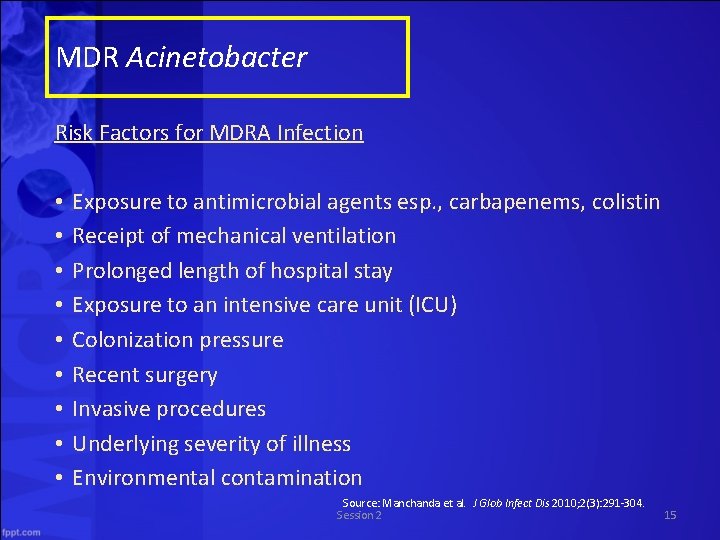 MDR Acinetobacter Risk Factors for MDRA Infection • • • Exposure to antimicrobial agents