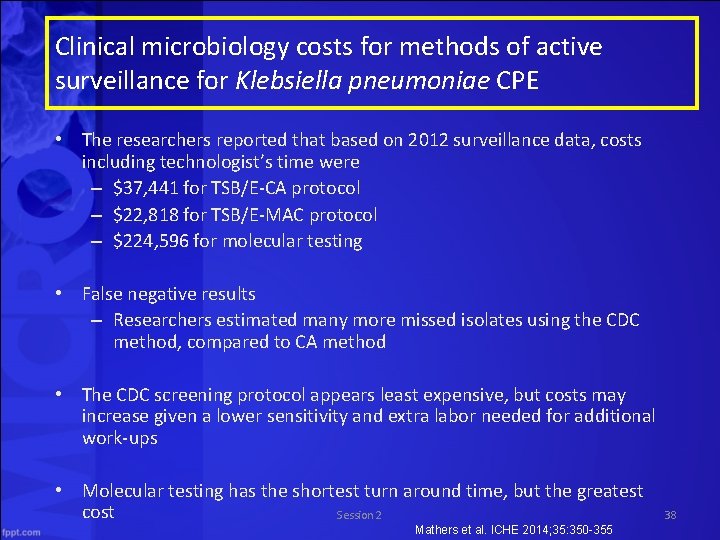 Clinical microbiology costs for methods of active surveillance for Klebsiella pneumoniae CPE • The