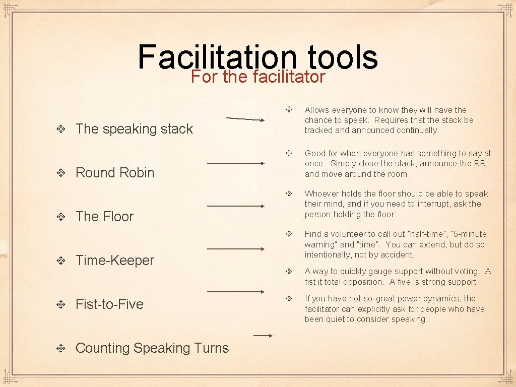 Facilitation tools For the facilitator The speaking stack Allows everyone to know they will