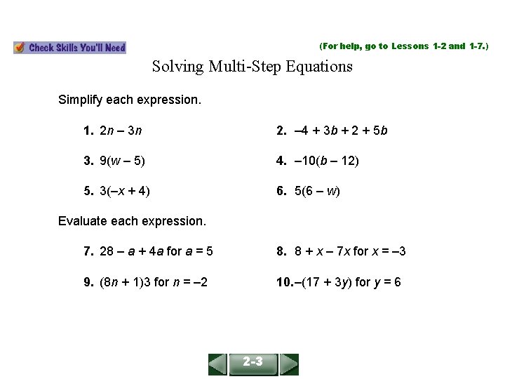 ALGEBRA 1 LESSON 2 -3 (For help, go to Lessons 1 -2 and 1