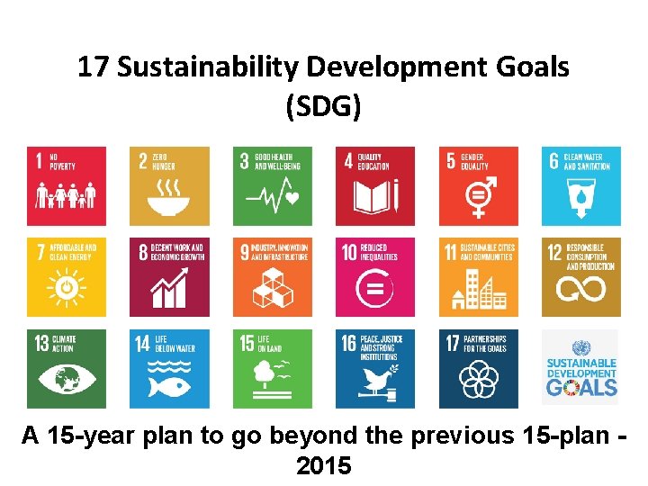 17 Sustainability Development Goals (SDG) A 15 -year plan to go beyond the previous