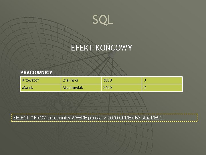 SQL EFEKT KOŃCOWY PRACOWNICY Krzysztof Zieliński 5000 3 Marek Stachowiak 2100 2 SELECT *