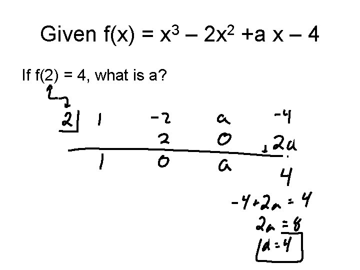 Given f(x) = x 3 – 2 x 2 +a x – 4 If