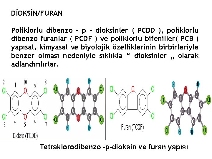 DİOKSİN/FURAN Poliklorlu dibenzo – p – dioksinler ( PCDD ), poliklorlu dibenzo furanlar (