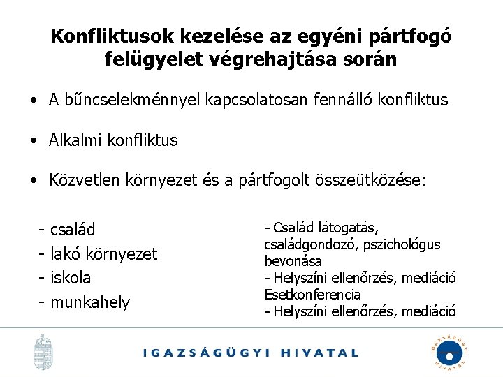 Konfliktusok kezelése az egyéni pártfogó felügyelet végrehajtása során • A bűncselekménnyel kapcsolatosan fennálló konfliktus