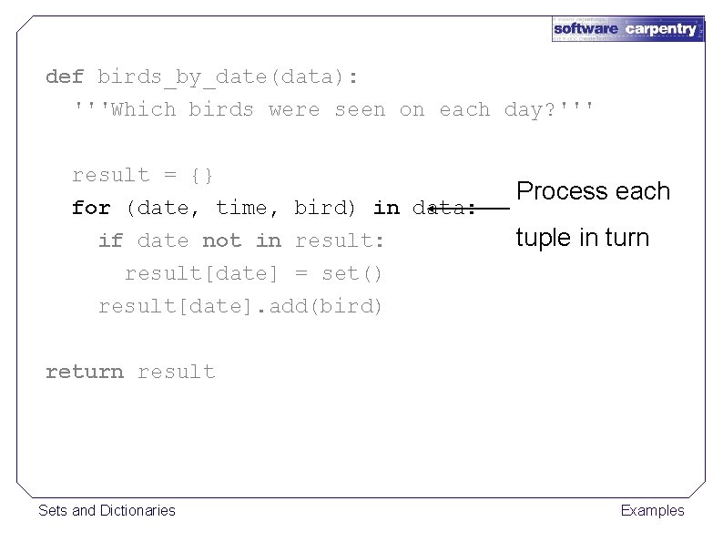 def birds_by_date(data): '''Which birds were seen on each day? ''' result = {} for